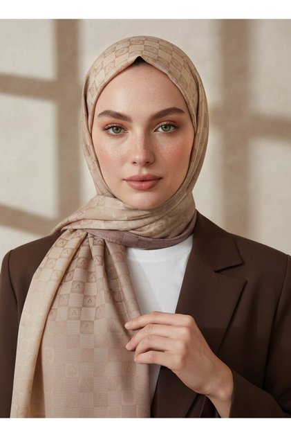 %57 İPEK %43 PAMUK Degrade Desenli Krem Renkli Şal - 70x190 Dikiş Tipi İtalyan Dikişli