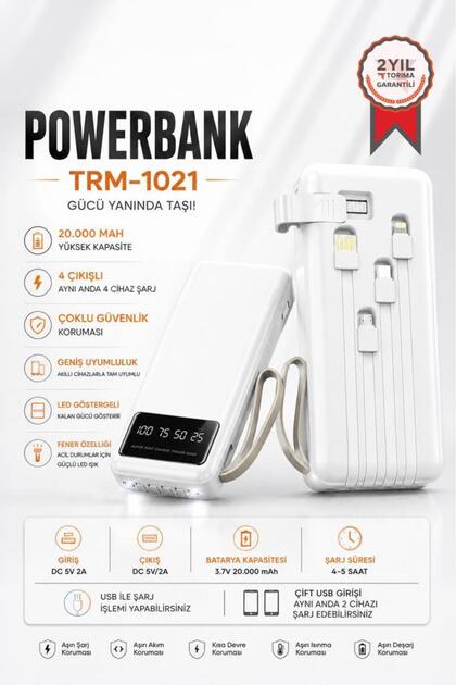 Taşınabilir Batarya 20000 Mah Ledli 4 Çıkışlı Powerbank TRM-1021 Beyaz