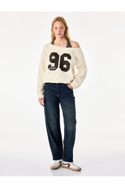 Halter Yaka Uzun Kollu Şardonlu Baskılı Sweatshirt