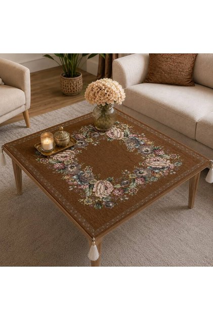 غطاء طاولة قهوة مزخرف منسوج 100×100 سم ذهبي (قطعتان من 30 قطعة دائرية هدية)