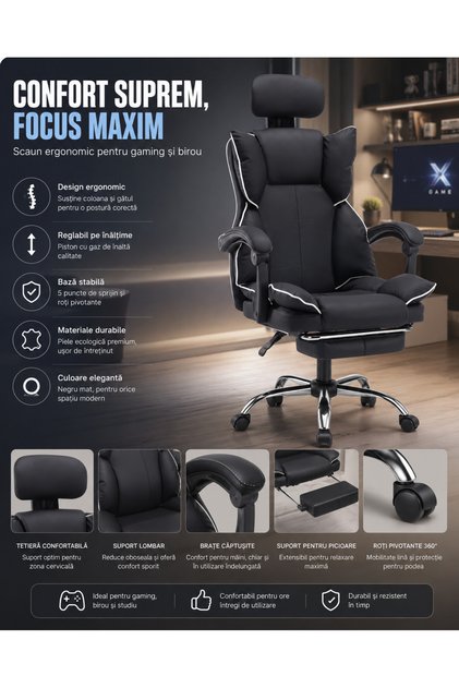 Scaun de birou reglabil cu spătar și tetieră ergonomice, negru