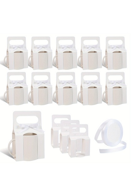 11.5X9.7X6Cm White 12-Pack Mug Boxes with 1 Roll of Ribbon for Gifts, 11-12oz Sublimation Mugs Gift