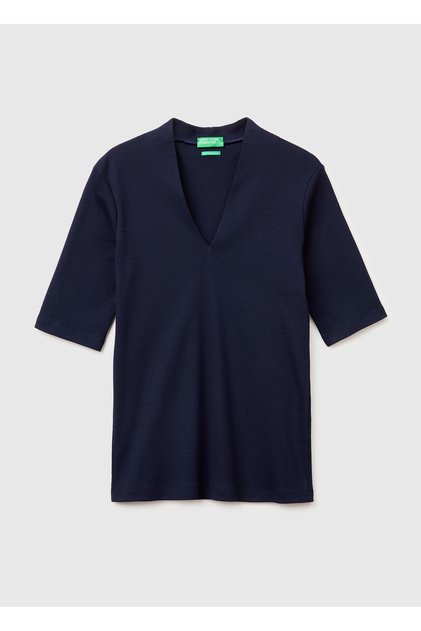Women's Navy Blue 100% Cotton Half Sleeve Deep V-Neck T-Shirt