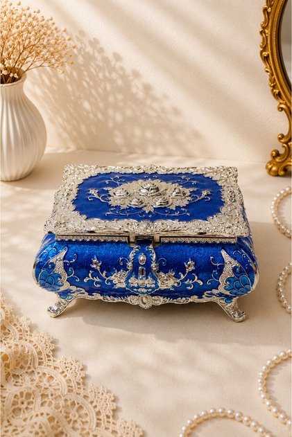 Silver Plated Embossed Rose Pattern Mirrored Jewelry Box