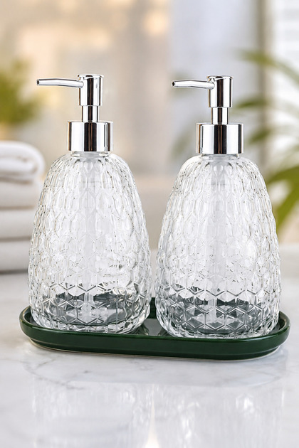 Royal Sıvı Sabunluk 2.li Standlı Şeffaf-Krom Yeşil Taban • Banyo Mutfak Bulaşık Lavabo Deterjanlık Cam Sabunluk Sıvı Sabun Dispenseri Sabun Pompası Mutfak Sıvı Sabunluğu Cam Deterjanlık Dekoratif