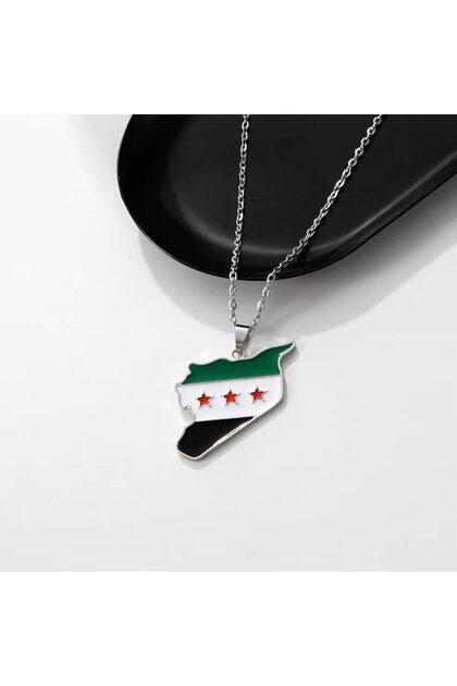 Syria Map Flag Metal Silver Necklace