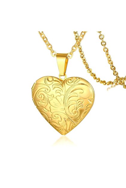 Patterned Heart Gold Model 316L Stainless Steel Picture Necklace with Openable Lid