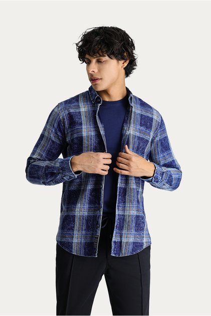 Long Sleeve Slim Fit Slim Fit Plaid Cotton Sports Shirt