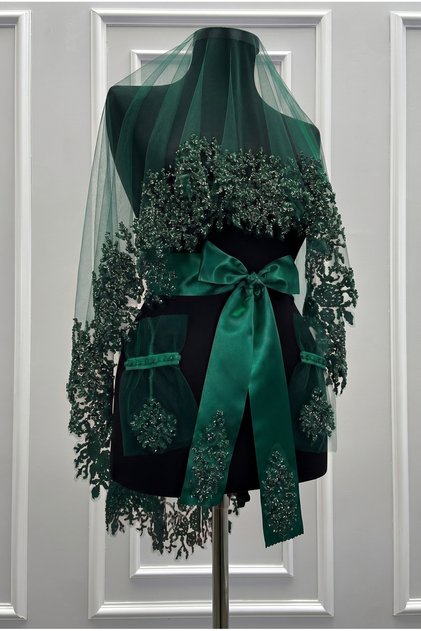 Emerald Green Bridal Veil Set, Sparkling Glass Bead Printed, Henna Night Veil Set 6 Pieces