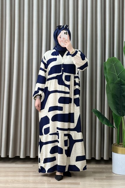 Hatice Dress Viscose Fabric Women's Navy Blue Collar Openable Buttoned Loose Cut Comfortable Fit Patterned Dress