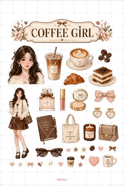 Coffee Girl Sticker Seti Kahve Kız Latte Temalı 2li Dekoratif Etiket