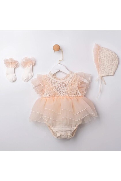 Helen Back Tie Bow Lace Baby Girl 3-Piece Romper Set (Socks-Bonnet-Romper)