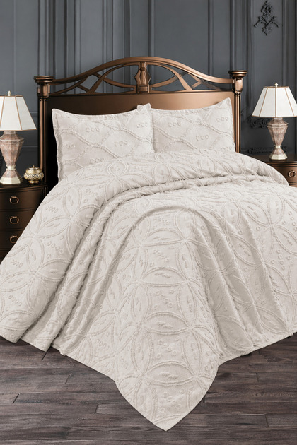 Marina Modern Chenille Jacquard Dowry Set Double King Size Pique Coverlet Set / Bedspread Set 3 Pieces