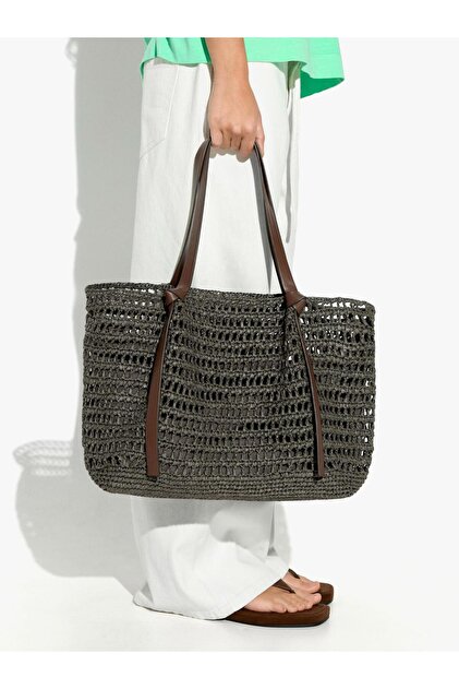 Kadın İçi Çıkarılabilir Hasır Görünümlü Shopper Çanta