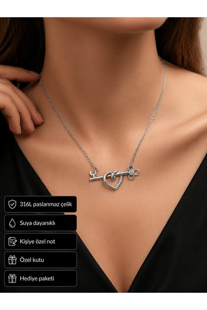 Women's Necklace with Heart and Key Figures Stainless Steel Stylish Gift
