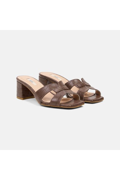 Women's Brown Crocodile Printed Heeled Leather Slippers