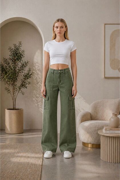 Kadın Yüksek Bel Full Likralı Kargo Cep Wide Leg Jean