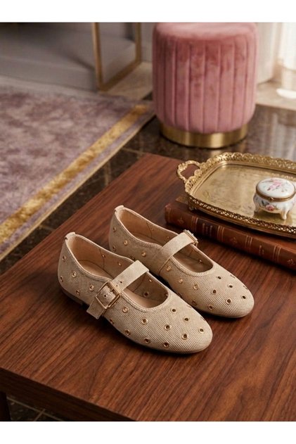 Beige Knitwear Women's Daily Comfortable Ballerina Shoes 386-K4101