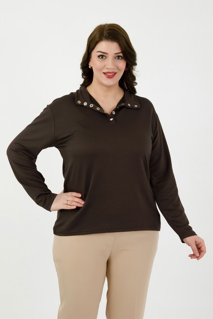 Women's Anthracite Button Detail Lycra Knitted Plus Size Blouse