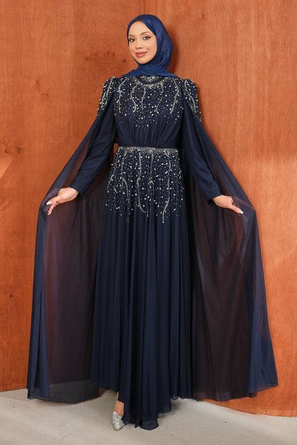 Navy Blue Shoulder Cape and Stone Embellished Evening Dress