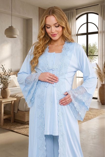 New Season Blue Maternity Summer Wear Buttoned Stylish Lace Detailed Design Short Sleeve 100% Cotton Dressing Gown Pajama Set
