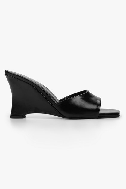 Women's Malibu Black Leather Wedge Heeled Slippers