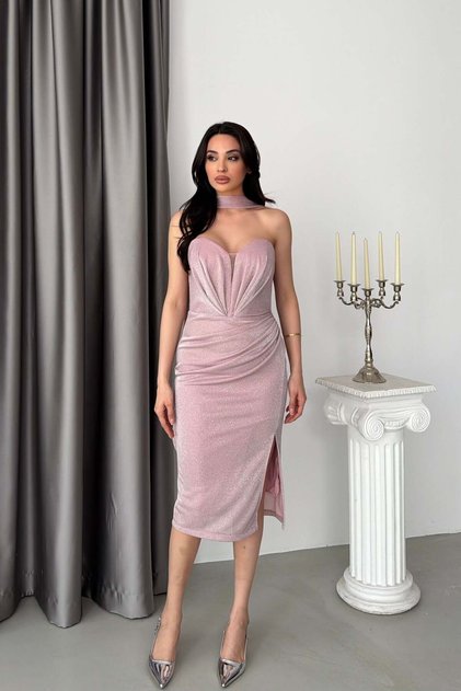 Powder Heart Collar Scarf Detailed Glittery Midi Evening Dress