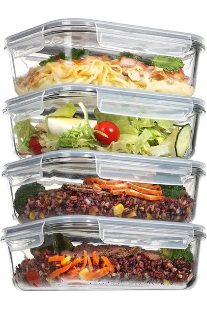 1500ml Glass Container [Pack of 4] with 4 Sided Snap Locking Plastic Lids, Containers for Kitchen Food Microwave, Oven, Fridge and Dishwasher | Airtight Food Storage Containers BPA Free