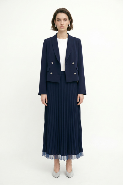 Double-Breasted Button Detailed Pleated Navy Blue Suit 1238