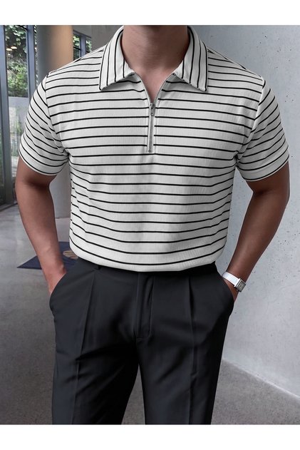 Polo Striped T-Shirt Waffle Cotton Fabric Comfortable Fit