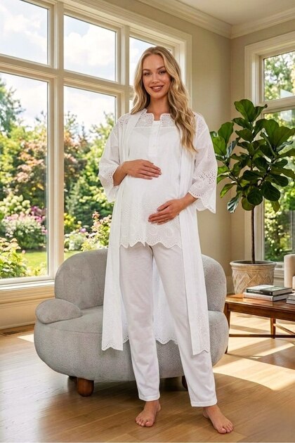 Lohussa New Season Ecru Long Scallop Linen Dressing Gown Special Design 100% Cotton Maternity Dressing Gown, Pajama Set 3-Piece Set- Trendyol Lohussa New Season Ecru Long Scallop Linen Dressing Gown Special Design 100% Cotton Maternity Dressing Gown, Pajama Set 3-Piece Set- Trendyol