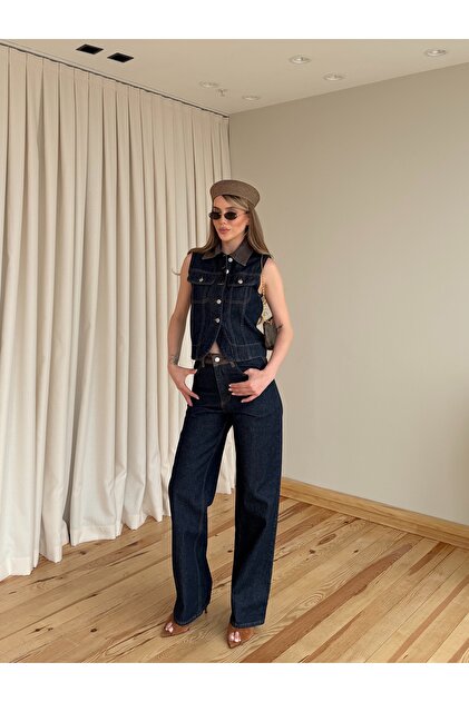 Laluvia Kahverengi Yaka Detaylı Denim Yelek Pantolon Takım - 0981