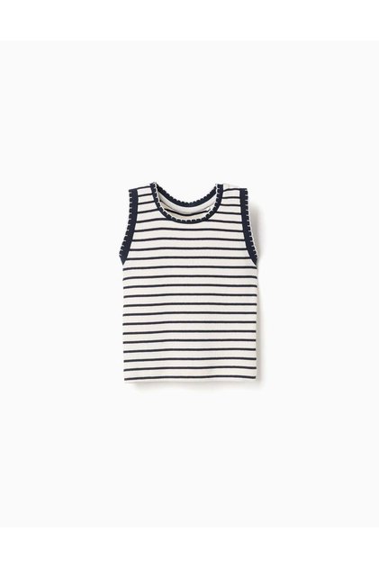 SleeveleRibbed Cotton Top With Stripes For Girls White Dark Blue