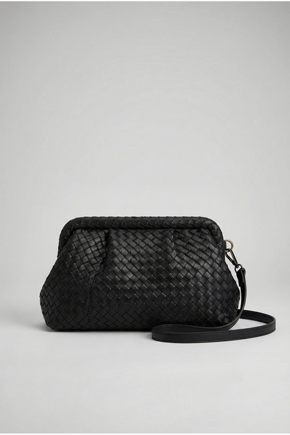 Women's Black Knitted Textured Pleated Scholarship Portfolio and Shoulder Bag 2593 Cnt0003
