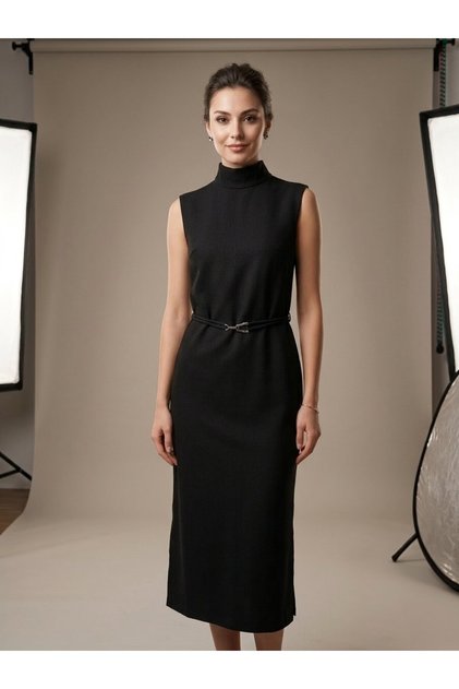 Women's Black Belt Detailed A-Line Midi Length Seasonal Dress