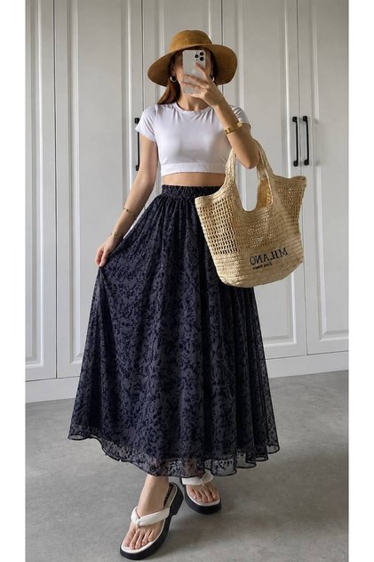Long Elastic Waist Lined Flocked Printed Seasonal Skirt