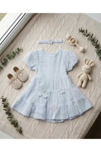 Girl's Striped Embroidered Dress - 100% Cotton - Lilac