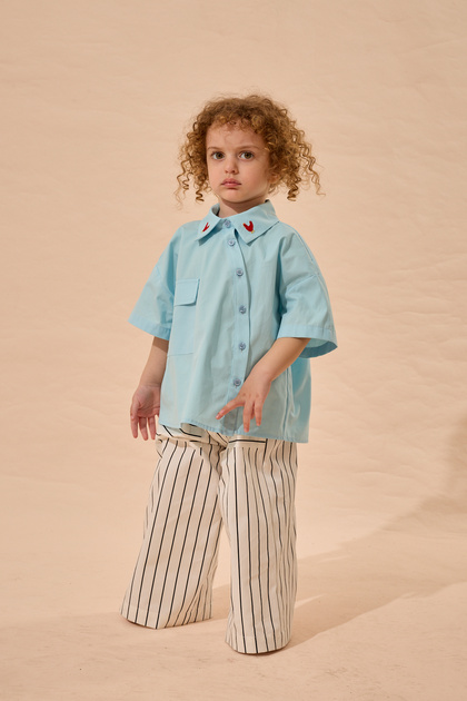 Rooster Embroidered Asymmetrical Placketed Shirt Blue
