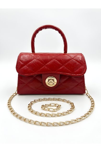 Shiny Quilted Mini Bag – Lining Detail – Women's Hand and Shoulder Bag with Chain Strap (19X12 cm)