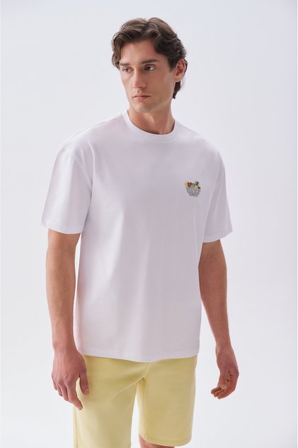 Men's White Printed Oversize Crew Neck T-Shirt