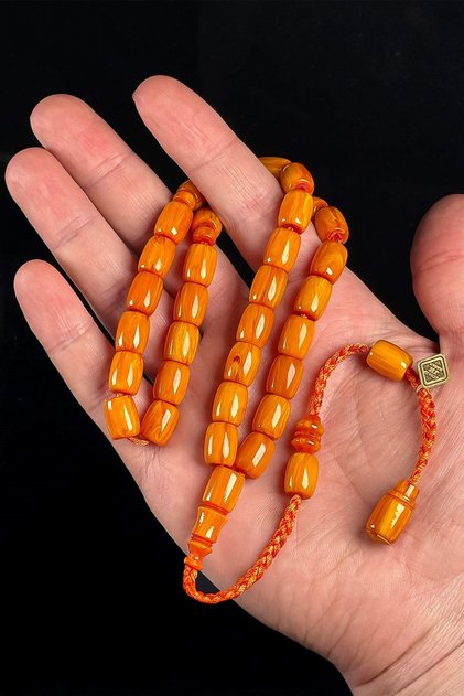 Delightful Knitted Tassel Antique Crimped Amber Prayer Beads
