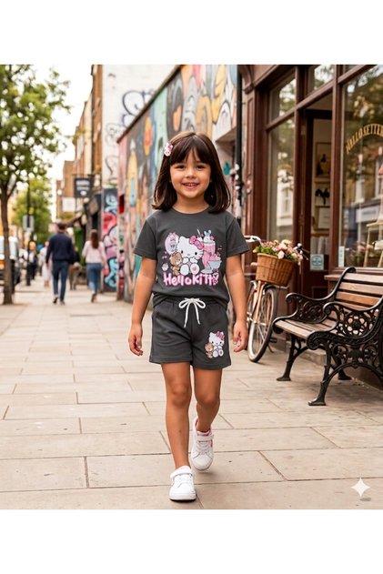 Smoke Color Hello Kitty Printed Shorts and Top Summer Girls' Set