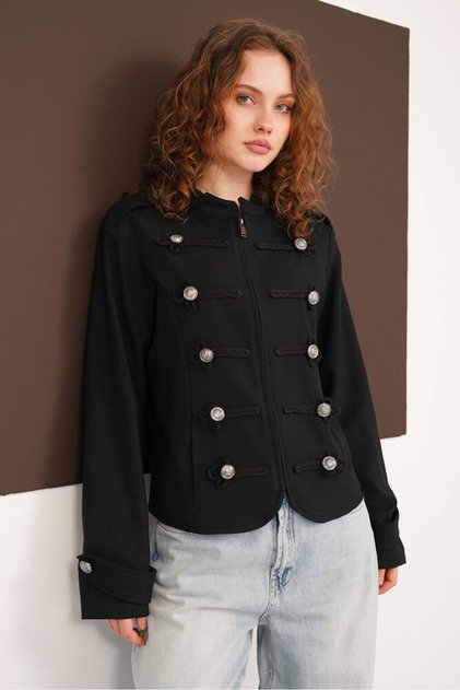 Hakim Jacket with Collar, Shoulder and Sleeve Patches - Black | F2097