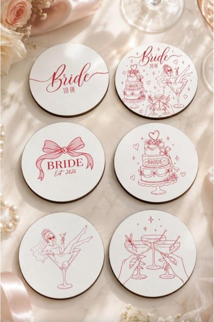 Bride to Be Themed Bachelorette Coasters Set of 6 – 9 cm Mdf Digital Printing