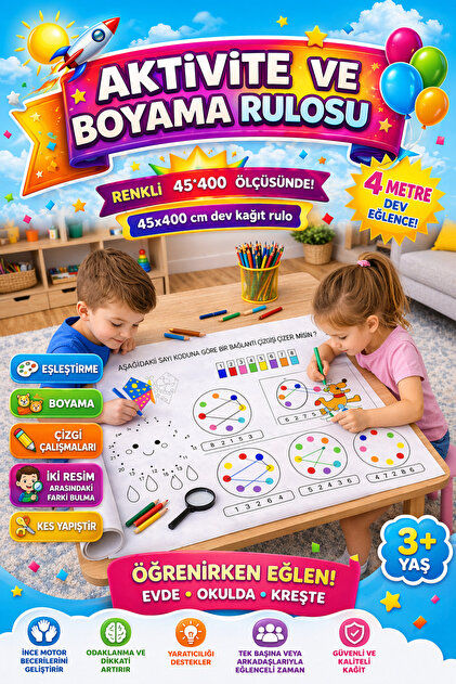 45 cm x 4 Metre Dev Etkinlik ve Aktivite Rulosu – Çocuklar Için Eğitici Boyama, Çizgi Çalışması, Labirent, Bulmaca ve Zeka Geliştirici Oyun Rulosu