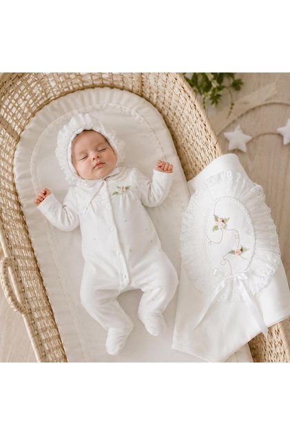 Rose 0-3 Months Cotton Baby Girl Embroidered Jumpsuit Hat Blanket Hospital Release Set of 3