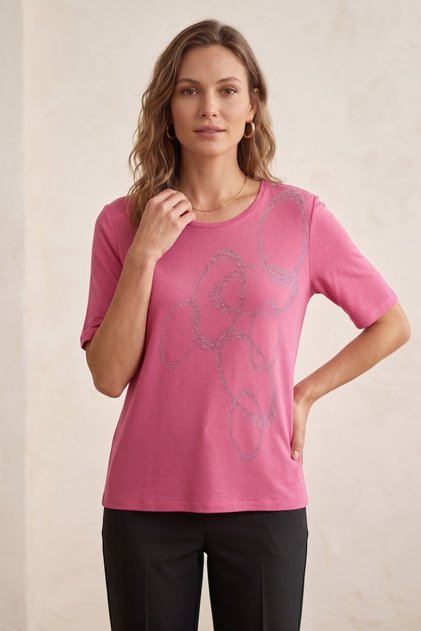 Women's Plus Size Lycra Crew Neck Stone Print Short Sleeve Mom T-Shirt Combed Cotton Blouse