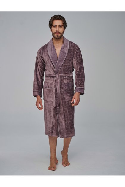 Premium Men's Niki Velvet Robe with Belt and Pockets, Soft Textured Jacquard Robe