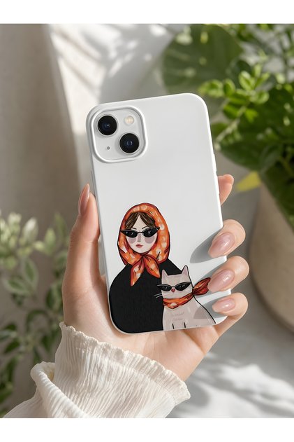 iPhone 15 Compatible Launch Silicone Masked Cat Woman Themed Shock Absorbing Case White