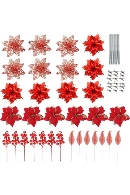 Flori Artificiale Set 68 Piese Steluta de Crăciun Flori de Poinsettia Roșii Festive